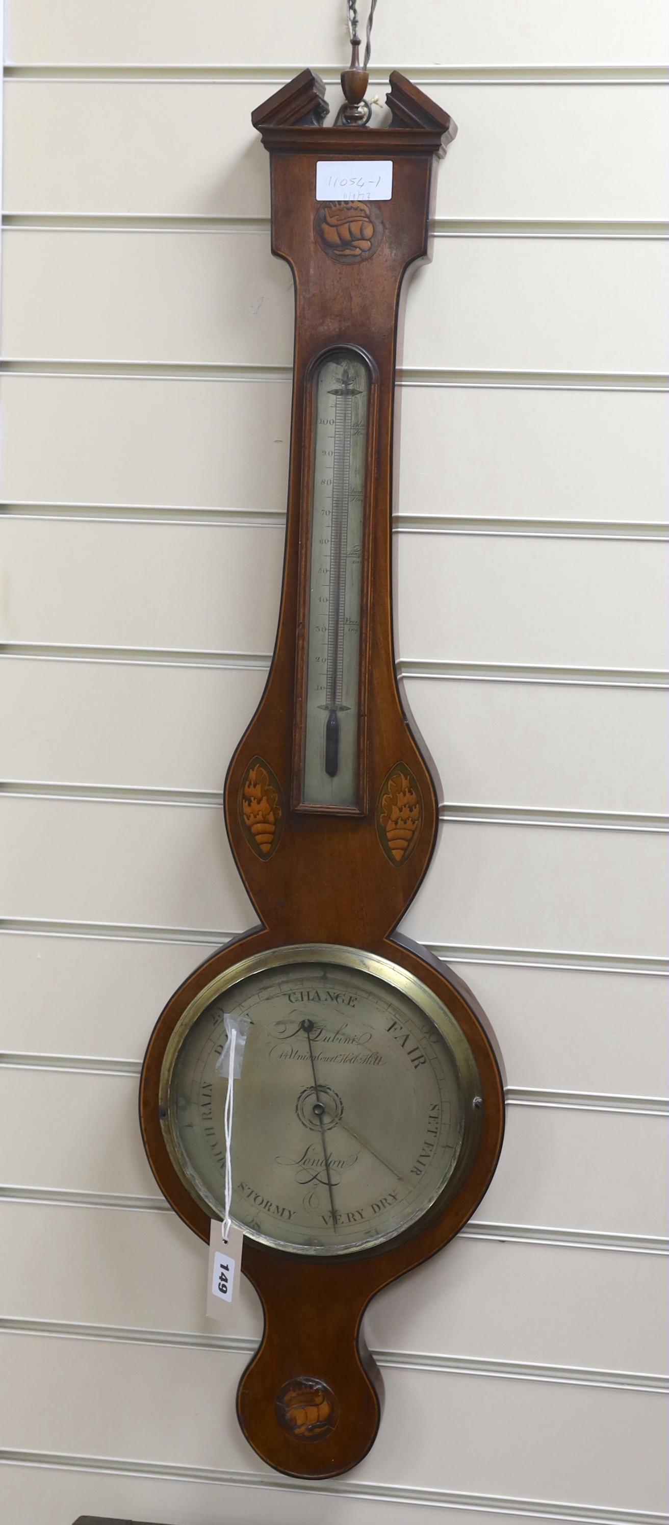 An early 19th century inlaid mahogany wheel barometer, marked Dubini, London, height 100cm